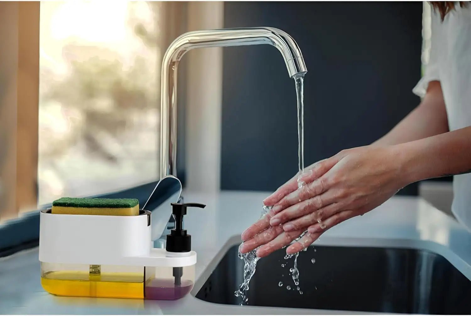 3 in 1 Dish Soap Pump Dispenser with Sponge Holder | Clay & Plastic Kitchen Sink Organizer | Liquid Soap Dispenser - Dreamzhub
