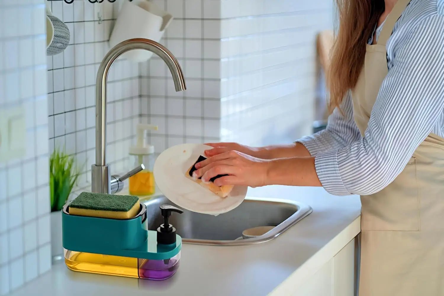3 in 1 Dish Soap Pump Dispenser with Sponge Holder | Clay & Plastic Kitchen Sink Organizer | Liquid Soap Dispenser - Dreamzhub