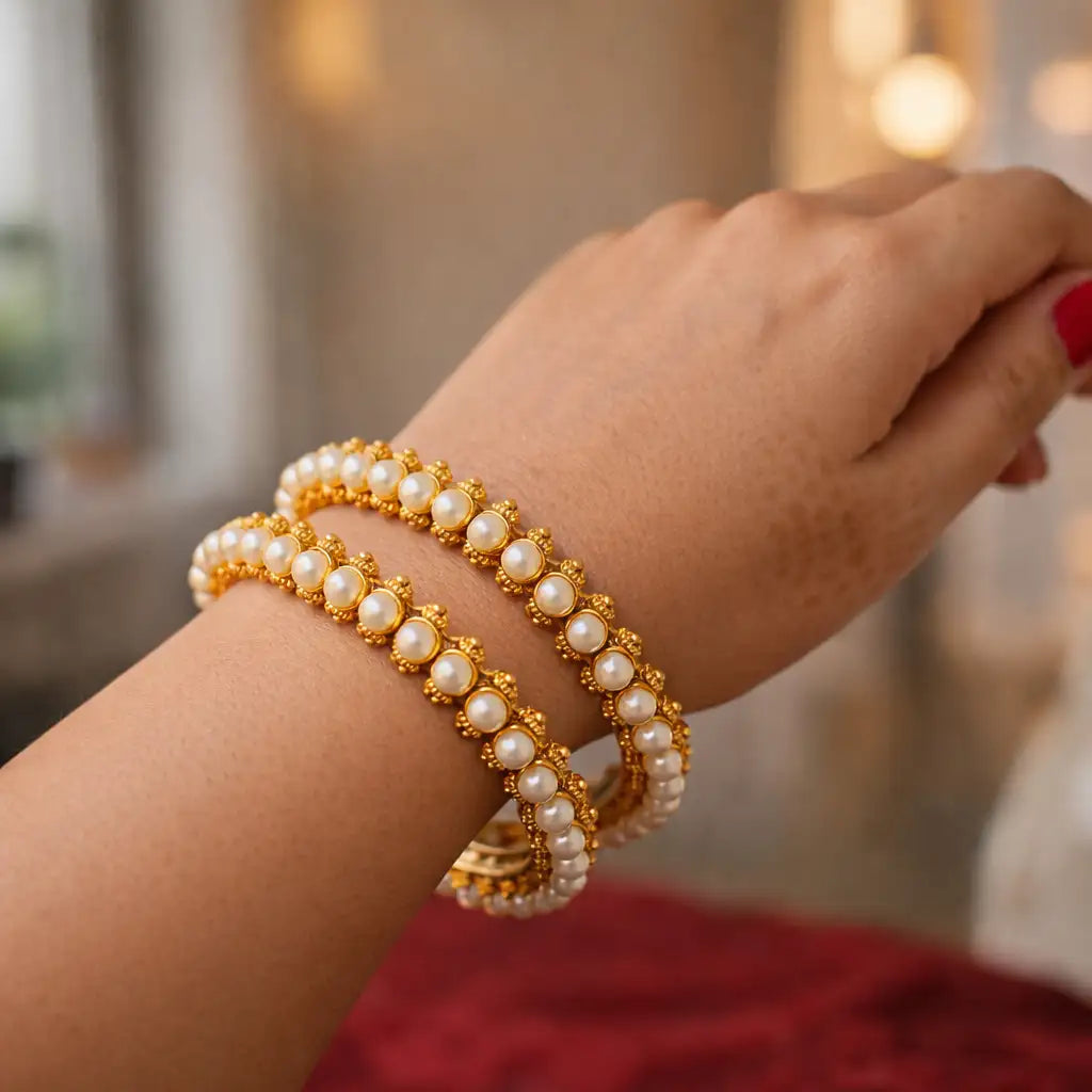 Gold-Plated Pearl Bangles Set of 2 | Antique Gold Granulated Pearl Kada | Bridal Pearl Bangles | Traditional Indian Wedding Bangles | Festive Jewellery for Women