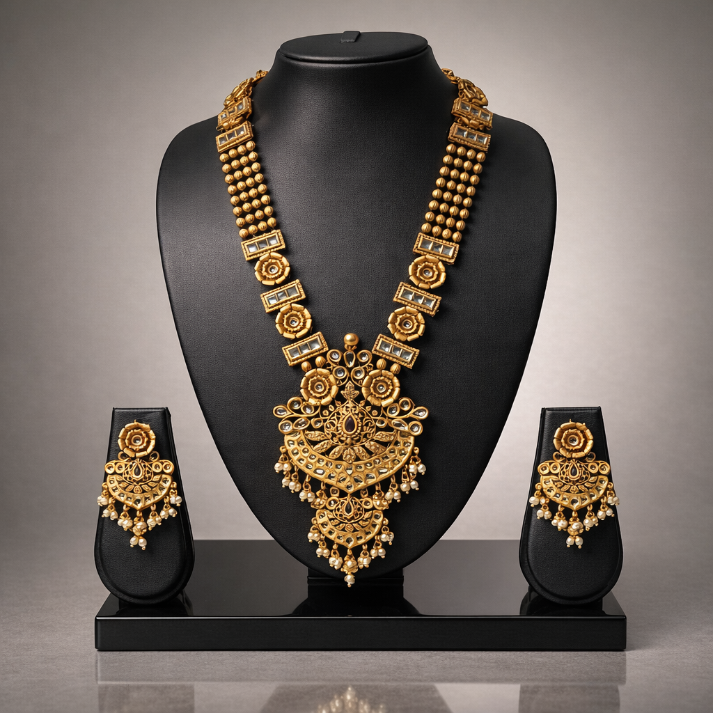 Gold Lakshmi Temple Long Haram Necklace Set with Earrings