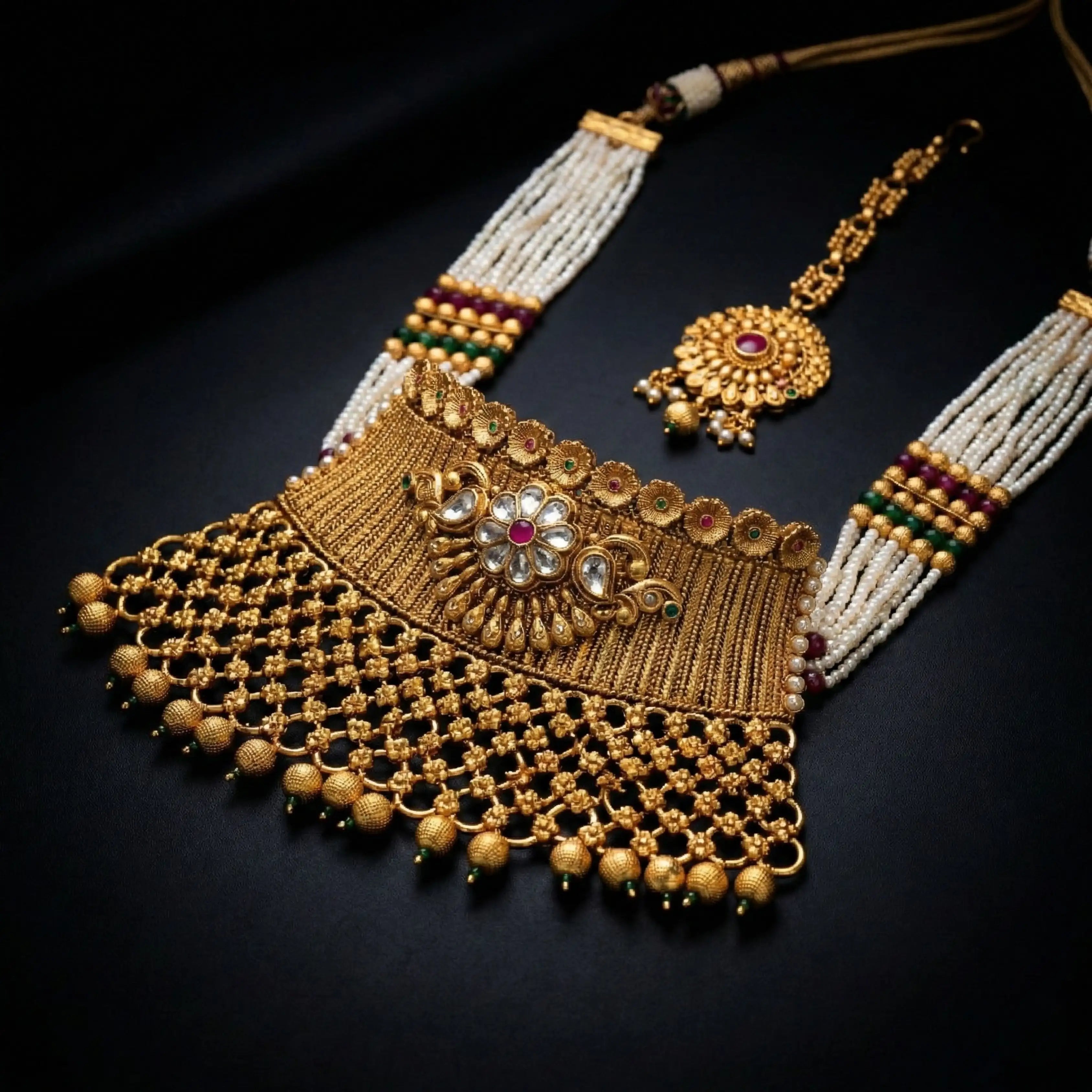 Gold Multi-Strand Rani Haar Necklace Set with Maang Tikka