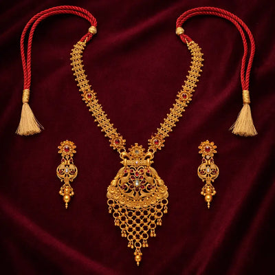 Gold Temple Tassel Long Necklace Set with Earrings