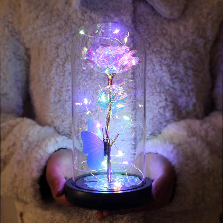 Foil Rose in Glass Dome – Eternal Beauty with LED Light Magic - Dreamzhub