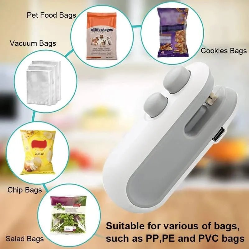 Mini Bag Sealer 2 - in - 1 – USB Rechargeable Heat Sealer & Cutter for Food Storage Bags - Dreamzhub
