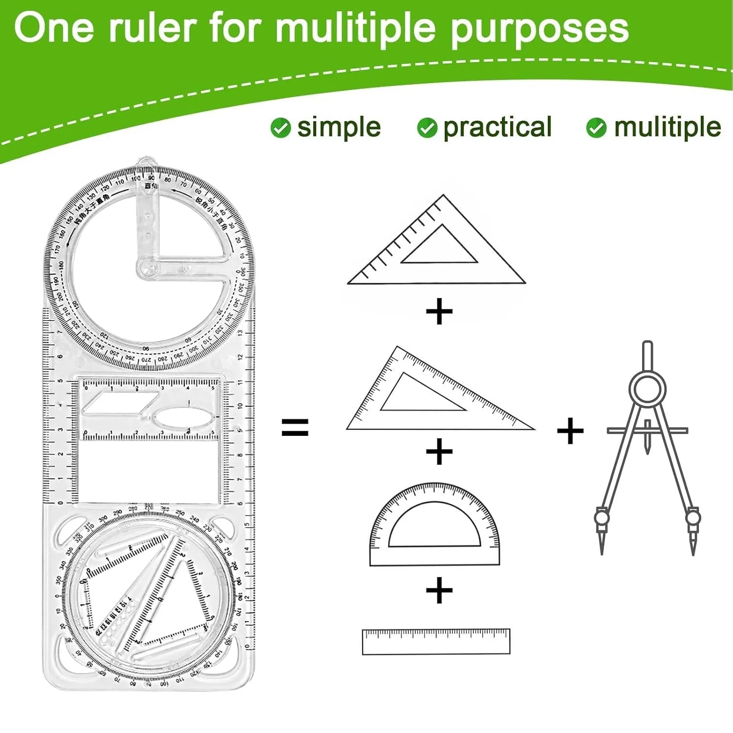 Multi - Functional Geometry Ruler – 360° Protractor, Compass & Measuring Tool for Students & Designers - Dreamzhub