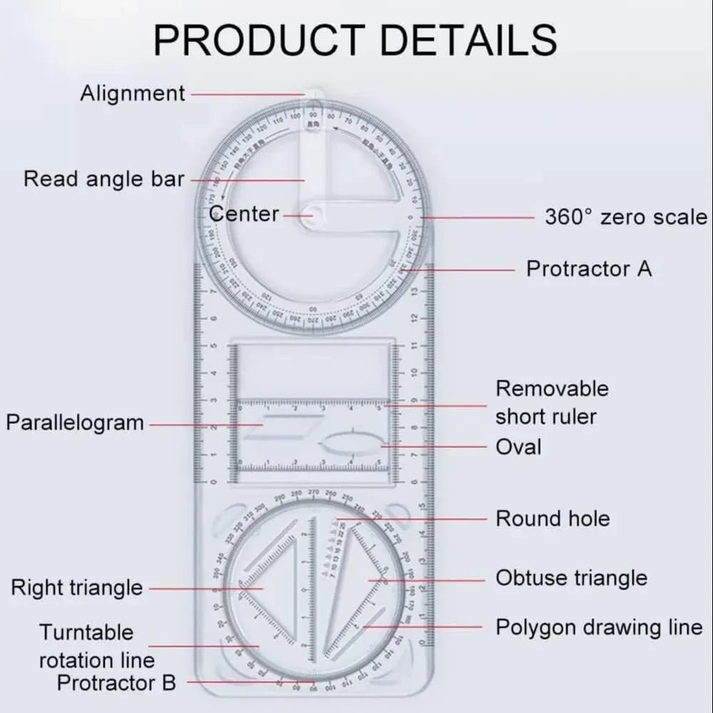 Multi - Functional Geometry Ruler – 360° Protractor, Compass & Measuring Tool for Students & Designers - Dreamzhub