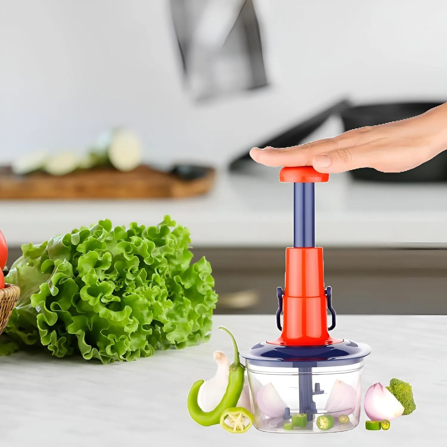 Push Chopper Manual Hand Press Chopper with 3 Sharp Blades – Quick & Effortless Vegetable & Fruit Cutter - Dreamzhub