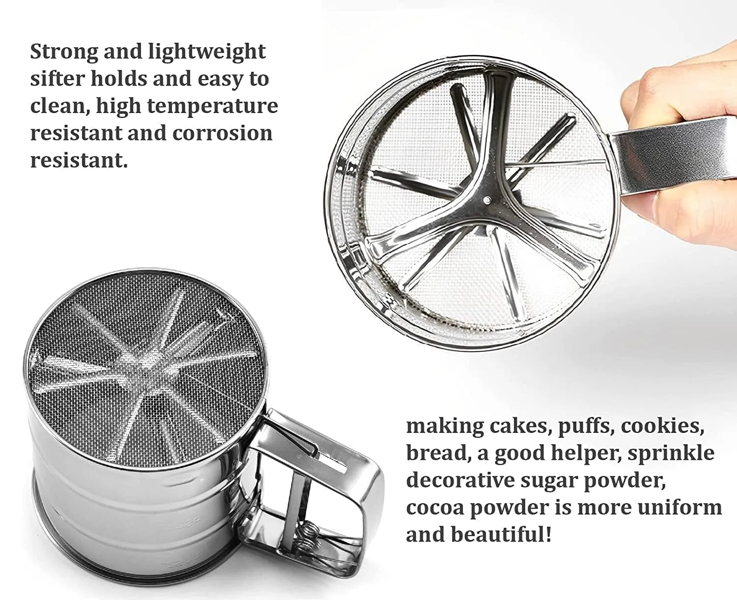 Stainless Steel Flour Sifter – Double - Layer Fine Mesh Baking Sifter with One - Hand Press Crank - Dreamzhub