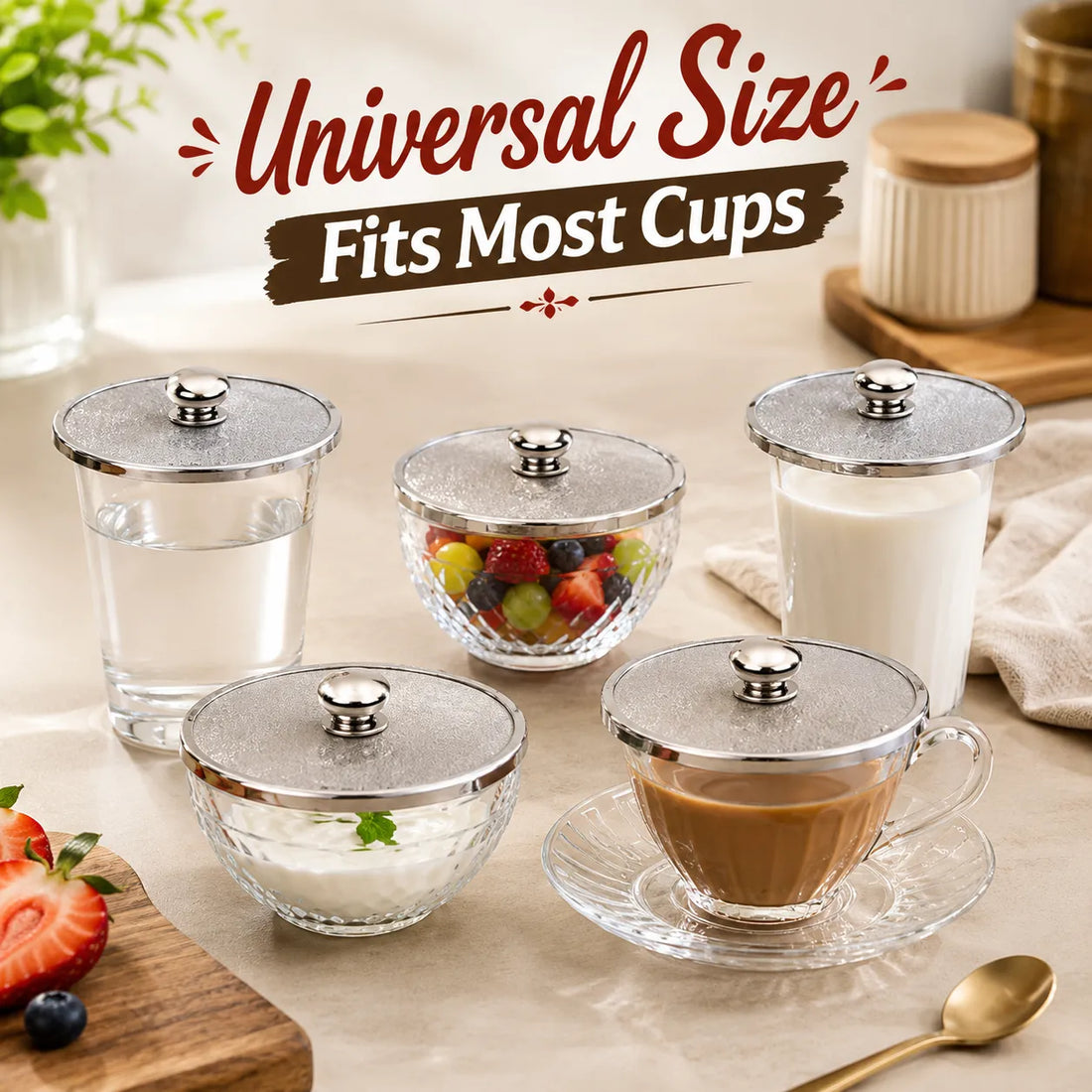 Set of 6 Stainless Steel Covers for Cups & Glasses