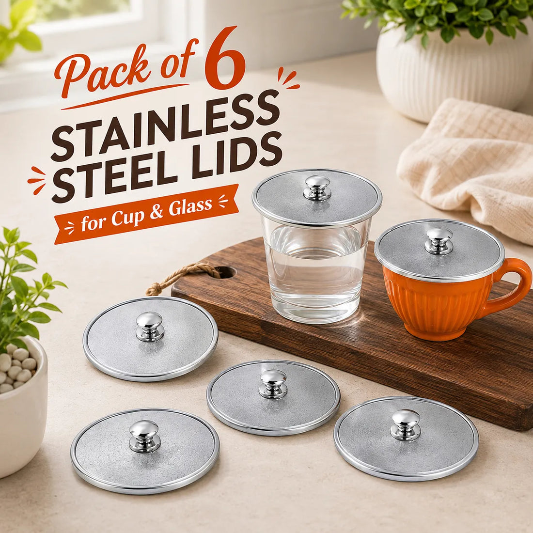 Set of 6 Stainless Steel Covers for Cups & Glasses