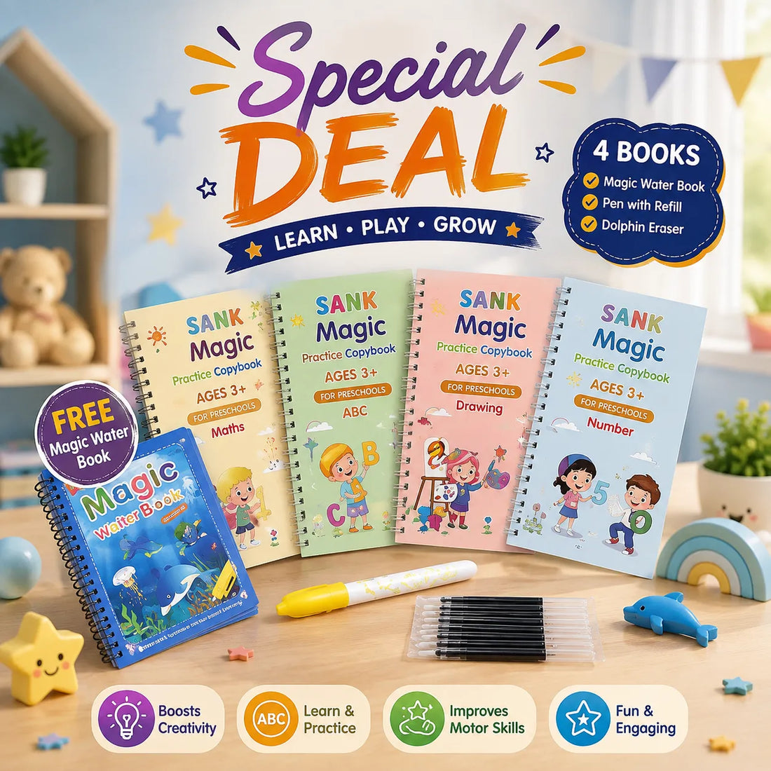 Pack of 4 Sank Magic Book With Free Magic Color Book