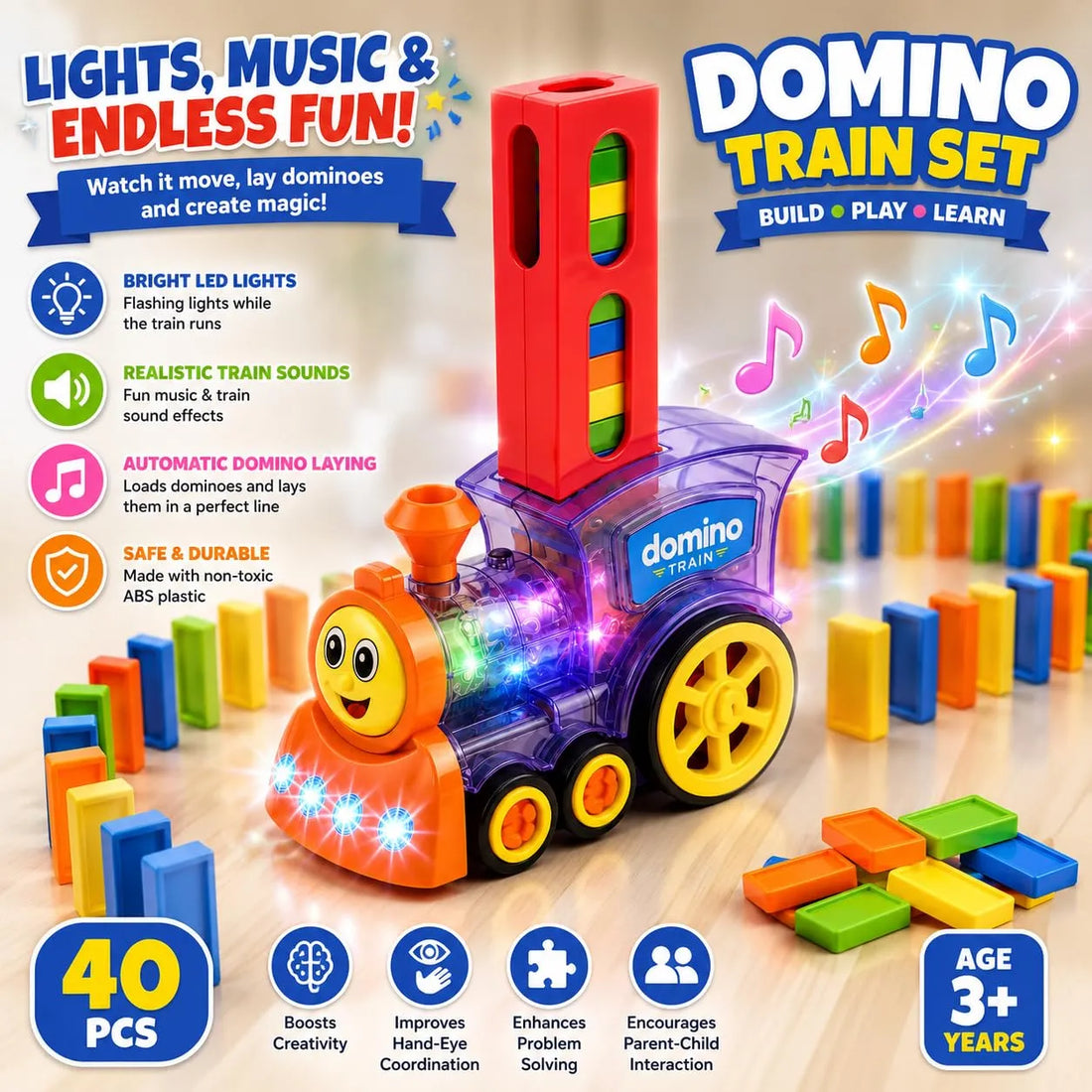 Automatic Domino Train Set with Lights & Sound – 40 PCS