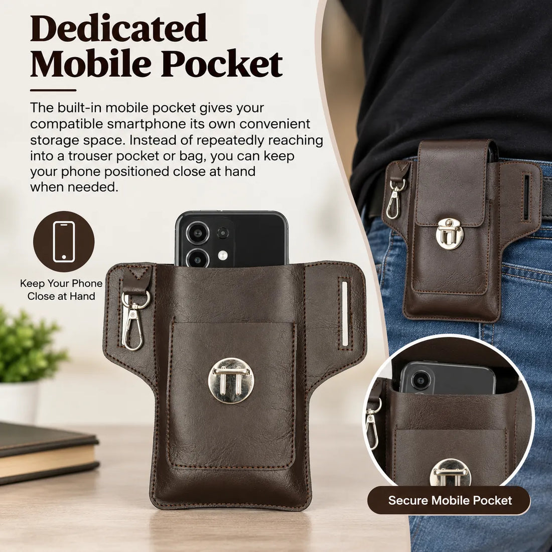 Leatherite Waist Pouch with Mobile Pocket & Key Hook