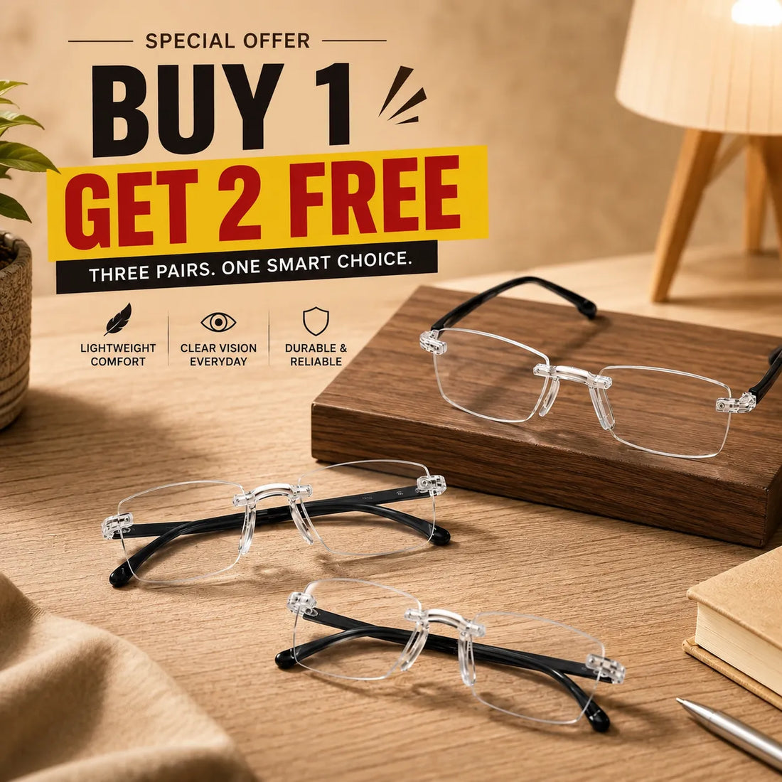 Rimless Reading Glasses with Adaptive Vision & Screen Protection Buy 1 Get 2 FREE