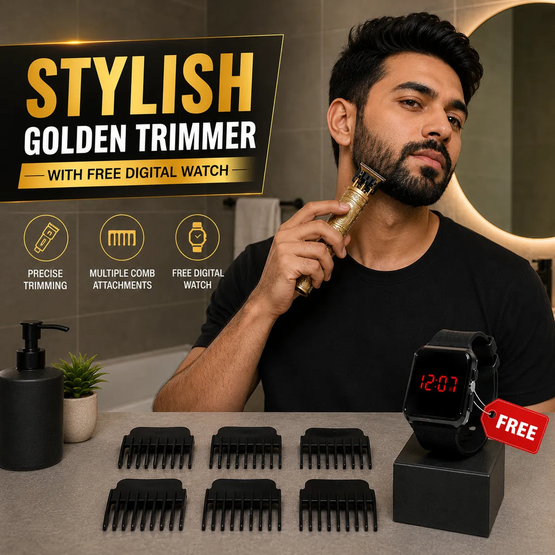Premium Golden Grooming Trimmer with Digital Watch