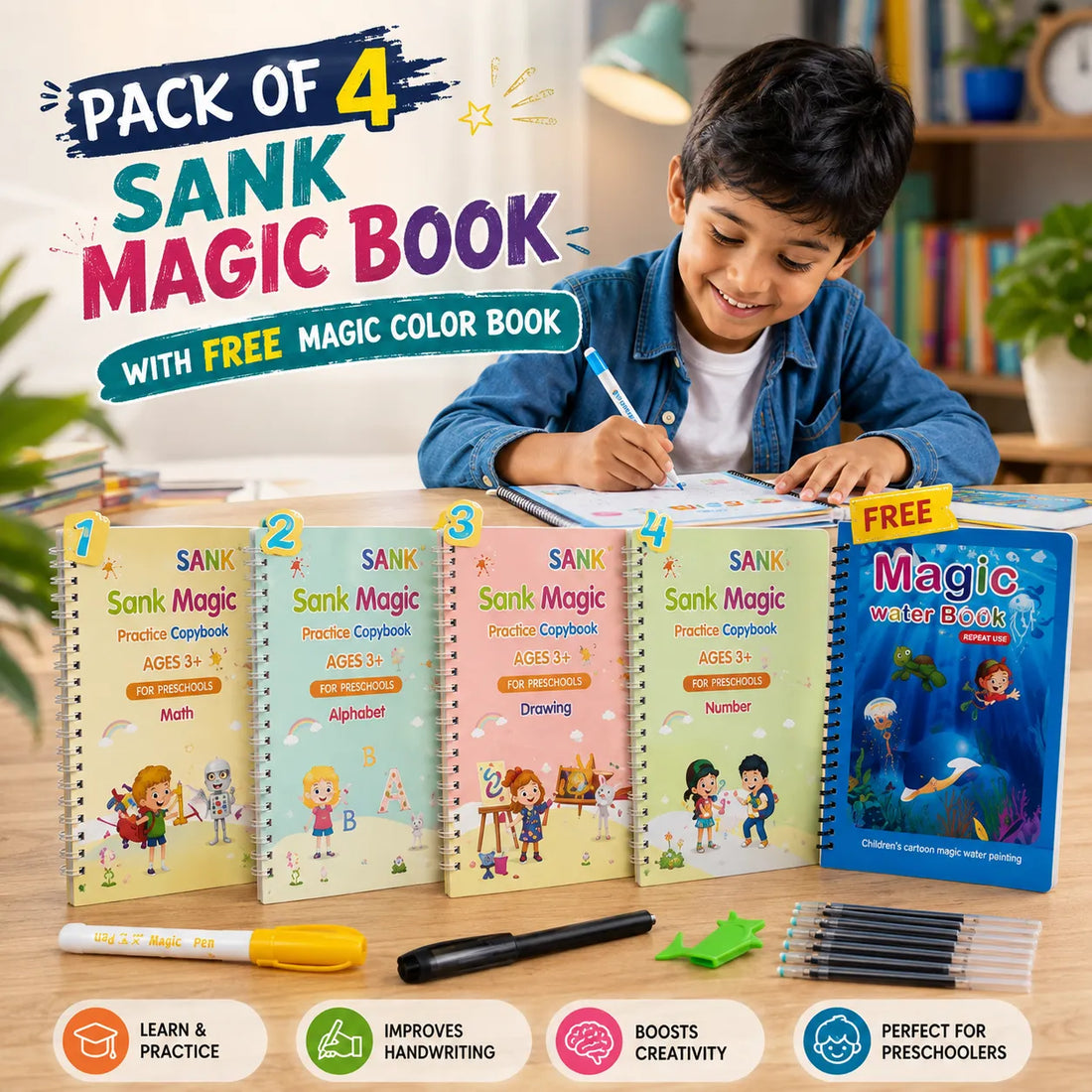 Pack of 4 Sank Magic Book With Free Magic Color Book
