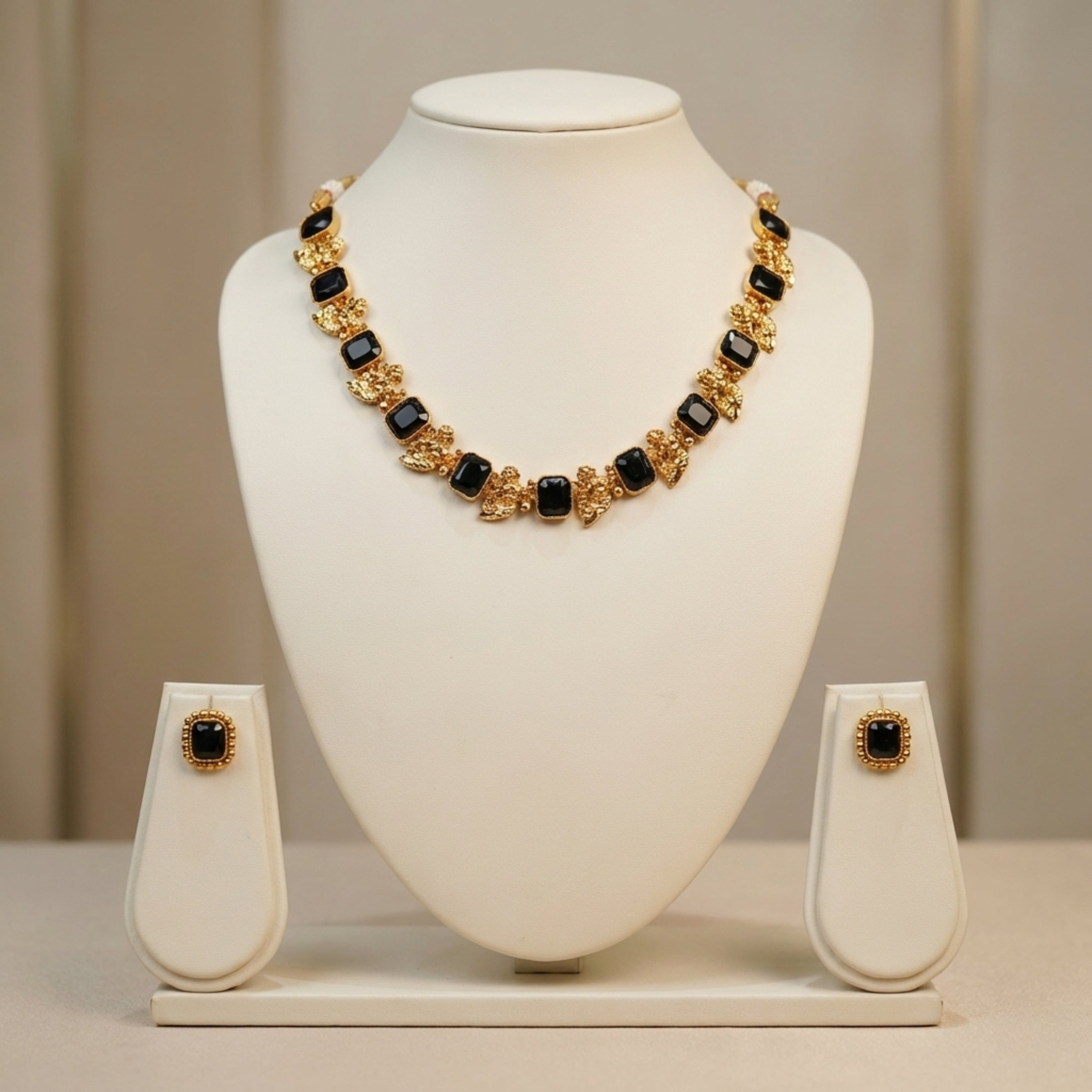 Black Bead & Gold Plated Necklace Set with Earrings