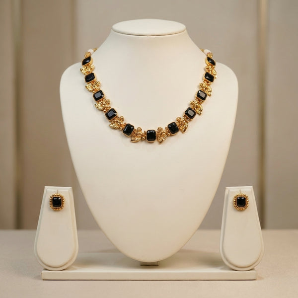 Black Bead & Gold Plated Necklace Set with Earrings