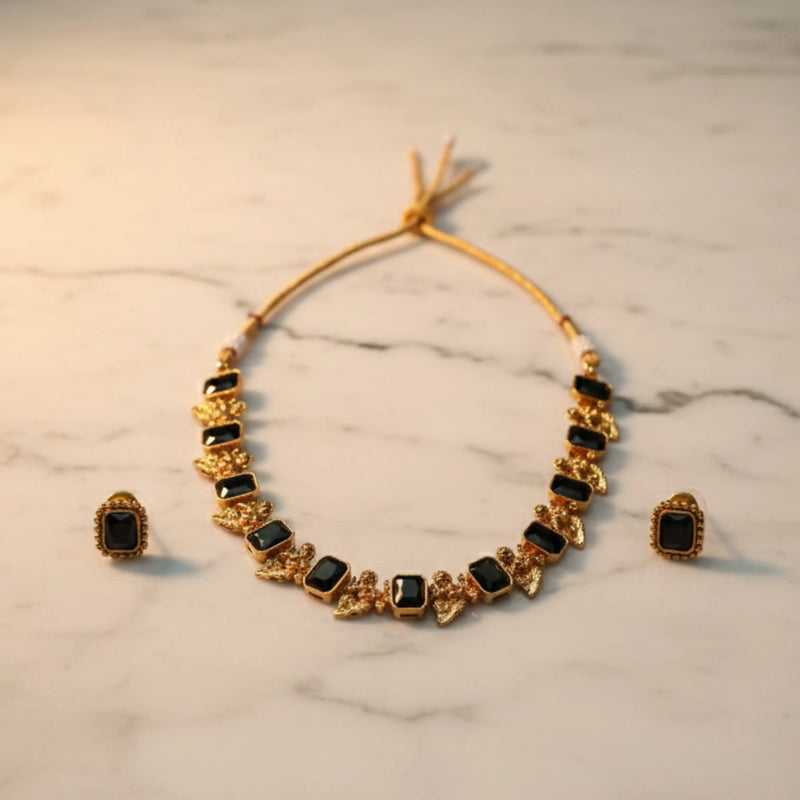 Black Bead & Gold Plated Necklace Set with Earrings