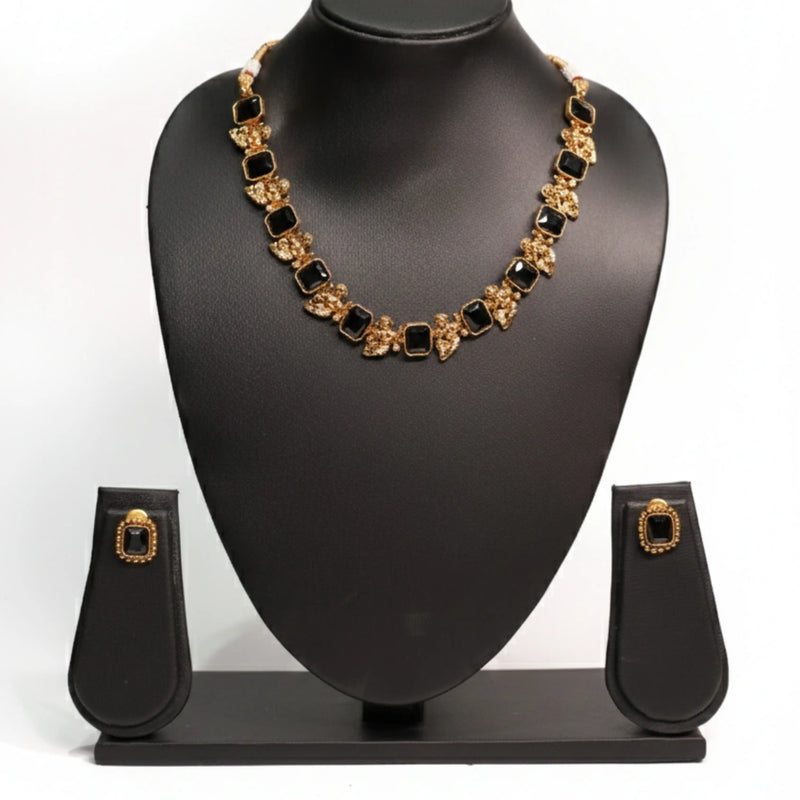 Black Bead & Gold Plated Necklace Set with Earrings