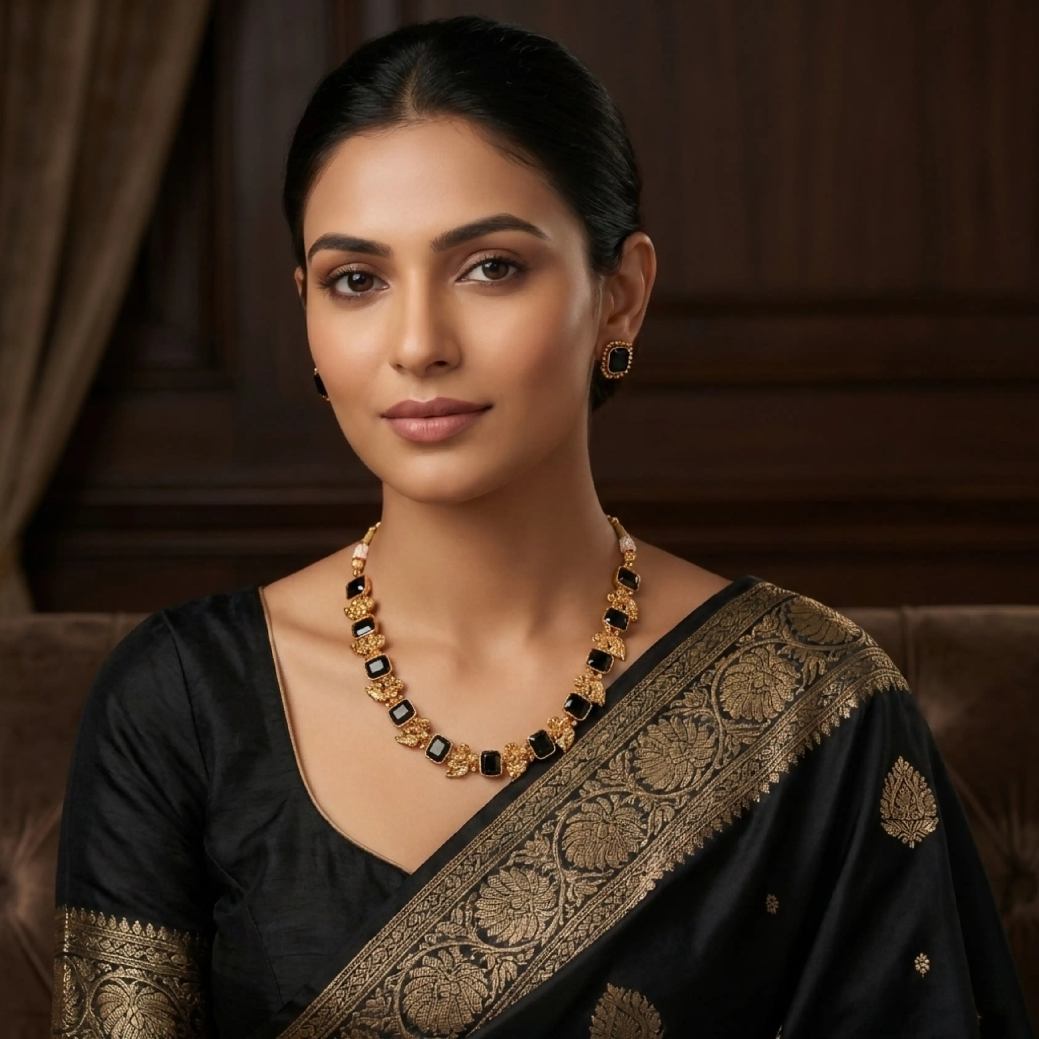 Black Bead & Gold Plated Necklace Set with Earrings