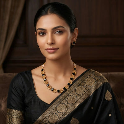 Black Bead & Gold Plated Necklace Set with Earrings