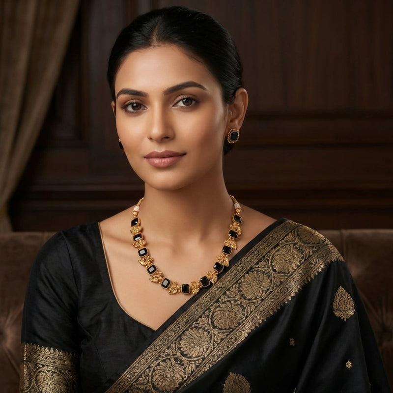 Black Bead & Gold Plated Necklace Set with Earrings