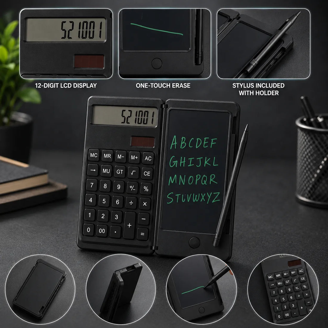 Foldable Digital Calculator with Reusable Writing Pad