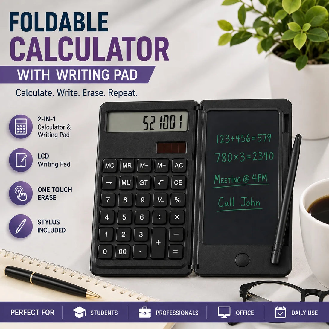 Foldable Digital Calculator with Reusable Writing Pad