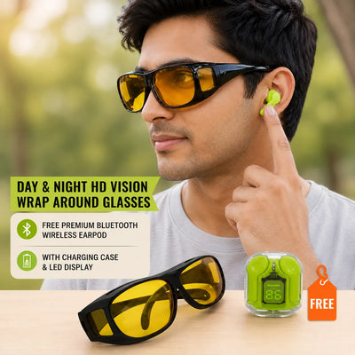 Day & Night Wrap-Around HD Vision Glasses with FREE Wireless Earbuds