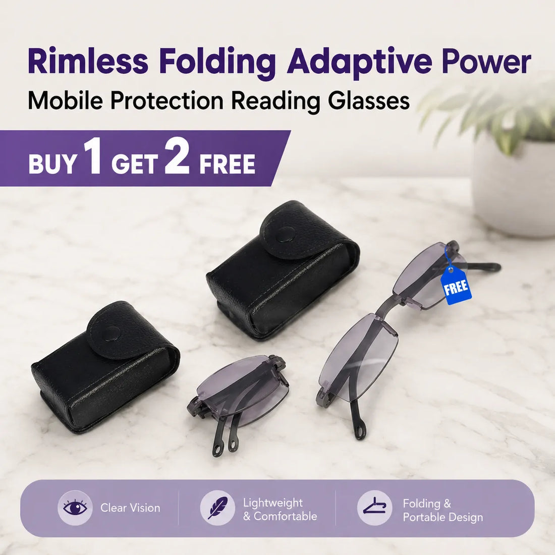 Rimless Folding Adaptive Power Mobile Protection Reading Glasses B1G1