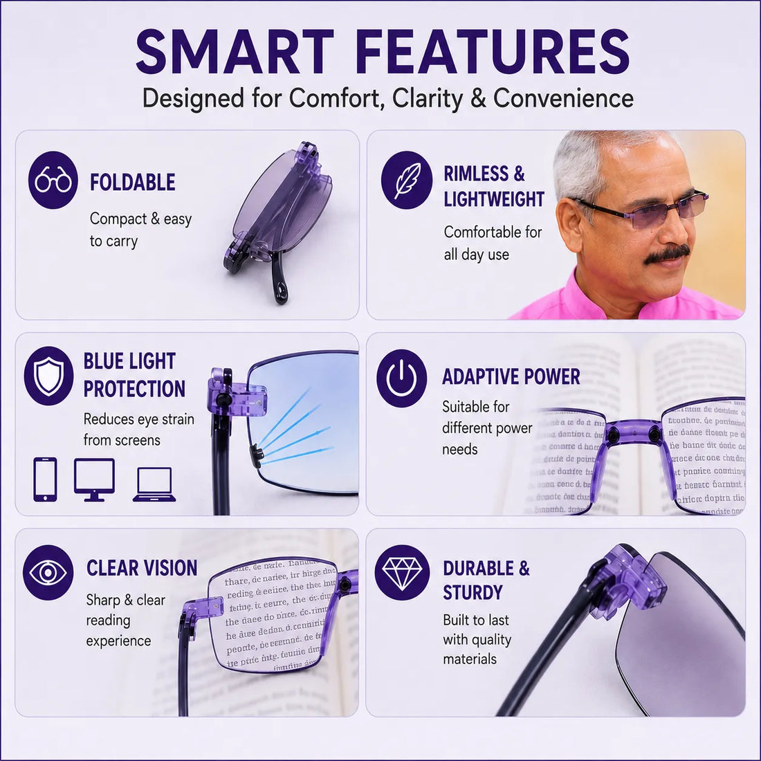 Rimless Folding Adaptive Power Mobile Protection Reading Glasses B1G1