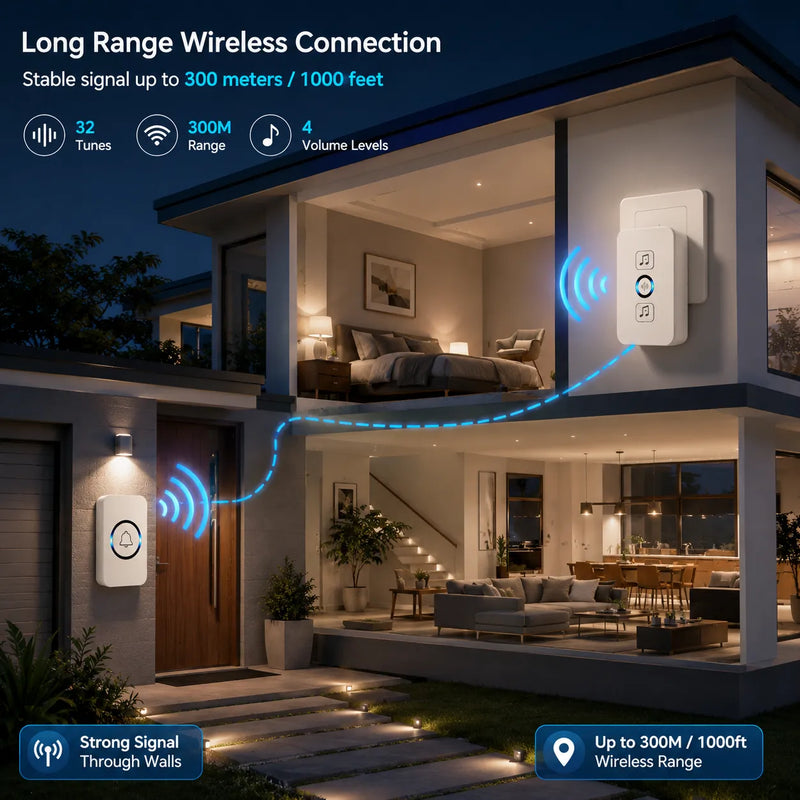 Wireless Door Bell Chime Kit |Panic/Emergency Button for Elderly, LED Indicator Wireless Door Chime (32 Tunes)