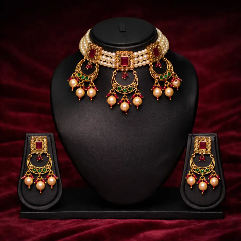 Emerald Green Kundan Choker Necklace Set with Jhumka Earrings