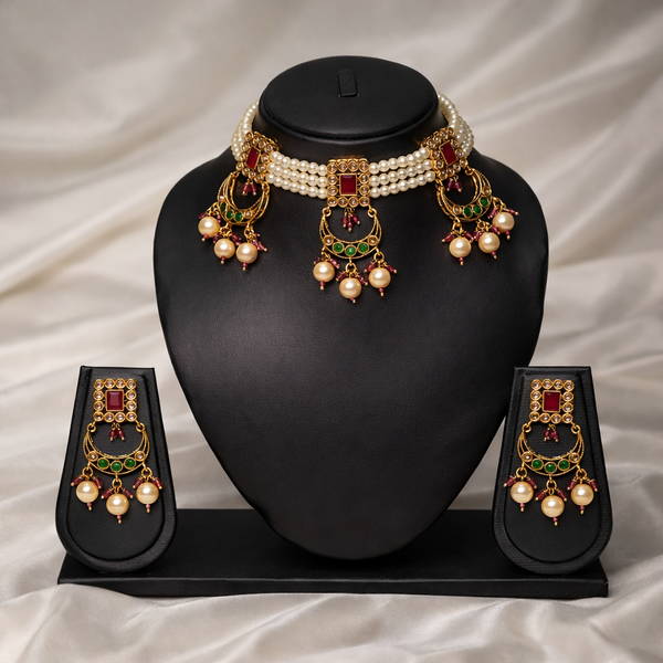 Emerald Green Kundan Choker Necklace Set with Jhumka Earrings