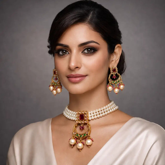 Emerald Green Kundan Choker Necklace Set with Jhumka Earrings