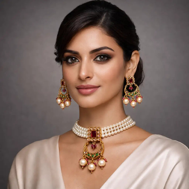 Emerald Green Kundan Choker Necklace Set with Jhumka Earrings