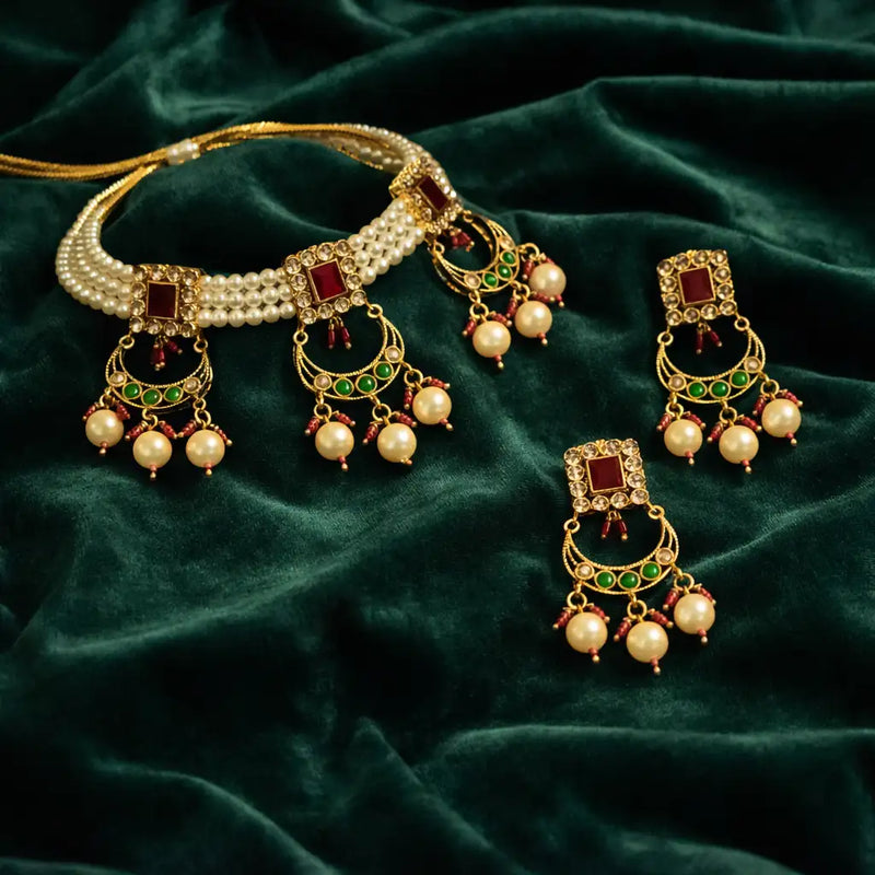 Emerald Green Kundan Choker Necklace Set with Jhumka Earrings
