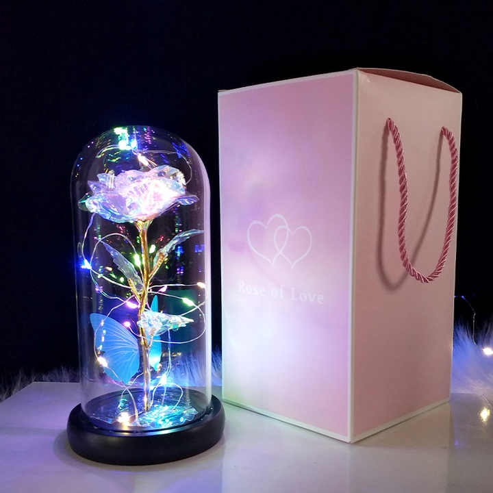 Foil Rose in Glass Dome – Eternal Beauty with LED Light Magic