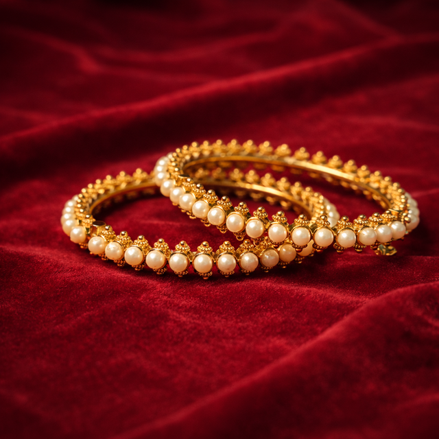 Gold-Plated Pearl Bangles Set of 2 | Antique Gold Granulated Pearl Kada | Bridal Pearl Bangles | Traditional Indian Wedding Bangles | Festive Jewellery for Women