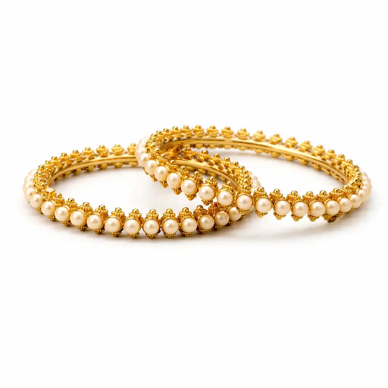 Gold-Plated Pearl Bangles Set of 2 | Antique Gold Granulated Pearl Kada | Bridal Pearl Bangles | Traditional Indian Wedding Bangles | Festive Jewellery for Women