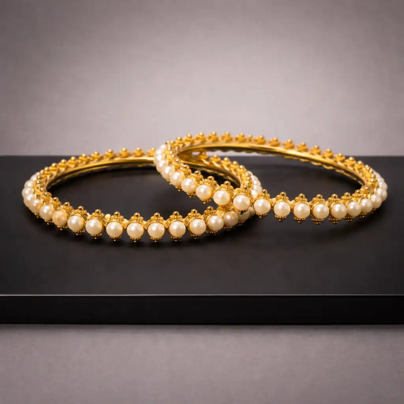 Gold-Plated Pearl Bangles Set of 2 | Antique Gold Granulated Pearl Kada | Bridal Pearl Bangles | Traditional Indian Wedding Bangles | Festive Jewellery for Women