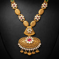 Gold Coin Lakshmi Necklace Set with Pink Stone Jhumka Earrings