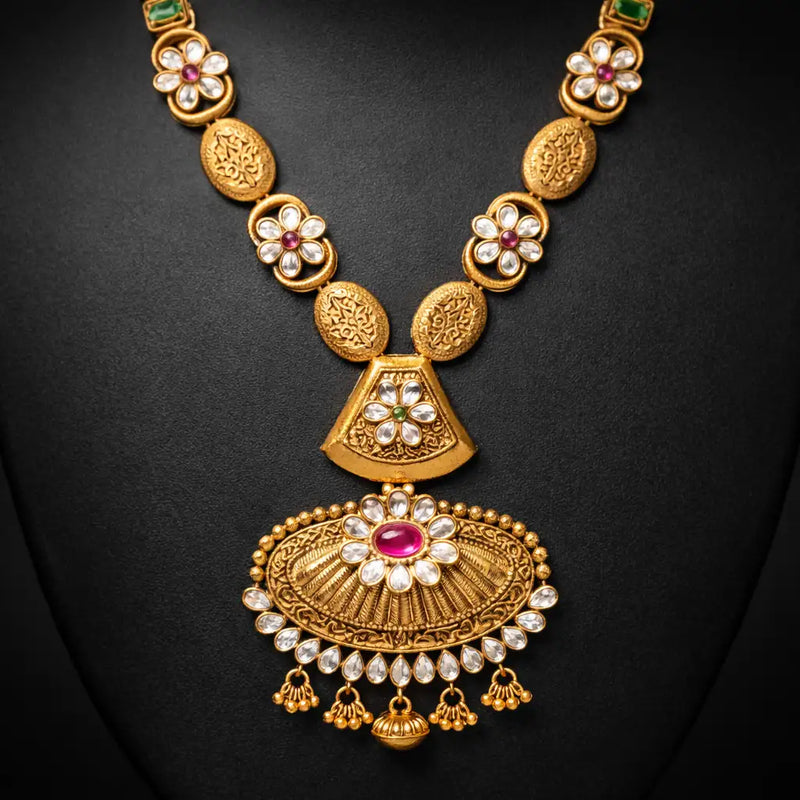 Gold Coin Lakshmi Necklace Set with Pink Stone Jhumka Earrings