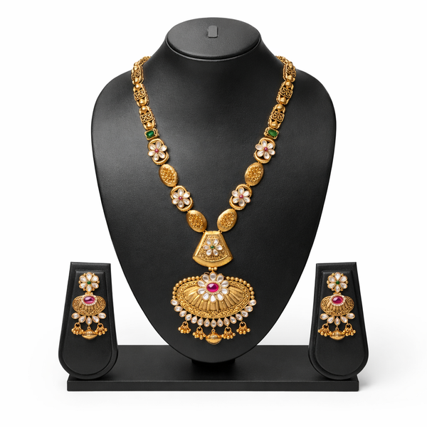 Gold Coin Lakshmi Necklace Set with Pink Stone Jhumka Earrings