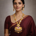 Gold Coin Lakshmi Necklace Set with Pink Stone Jhumka Earrings