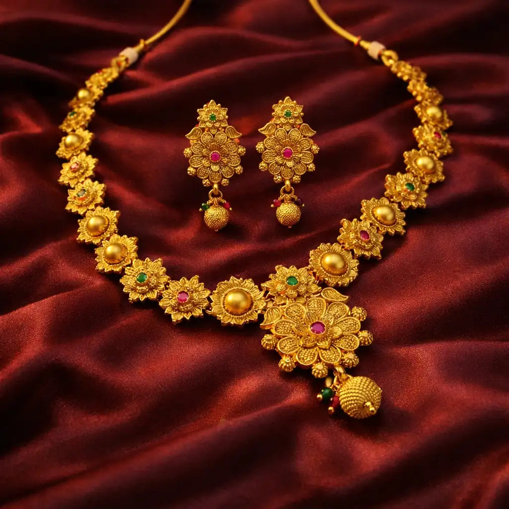 Gold Floral Short Necklace Set with Earrings