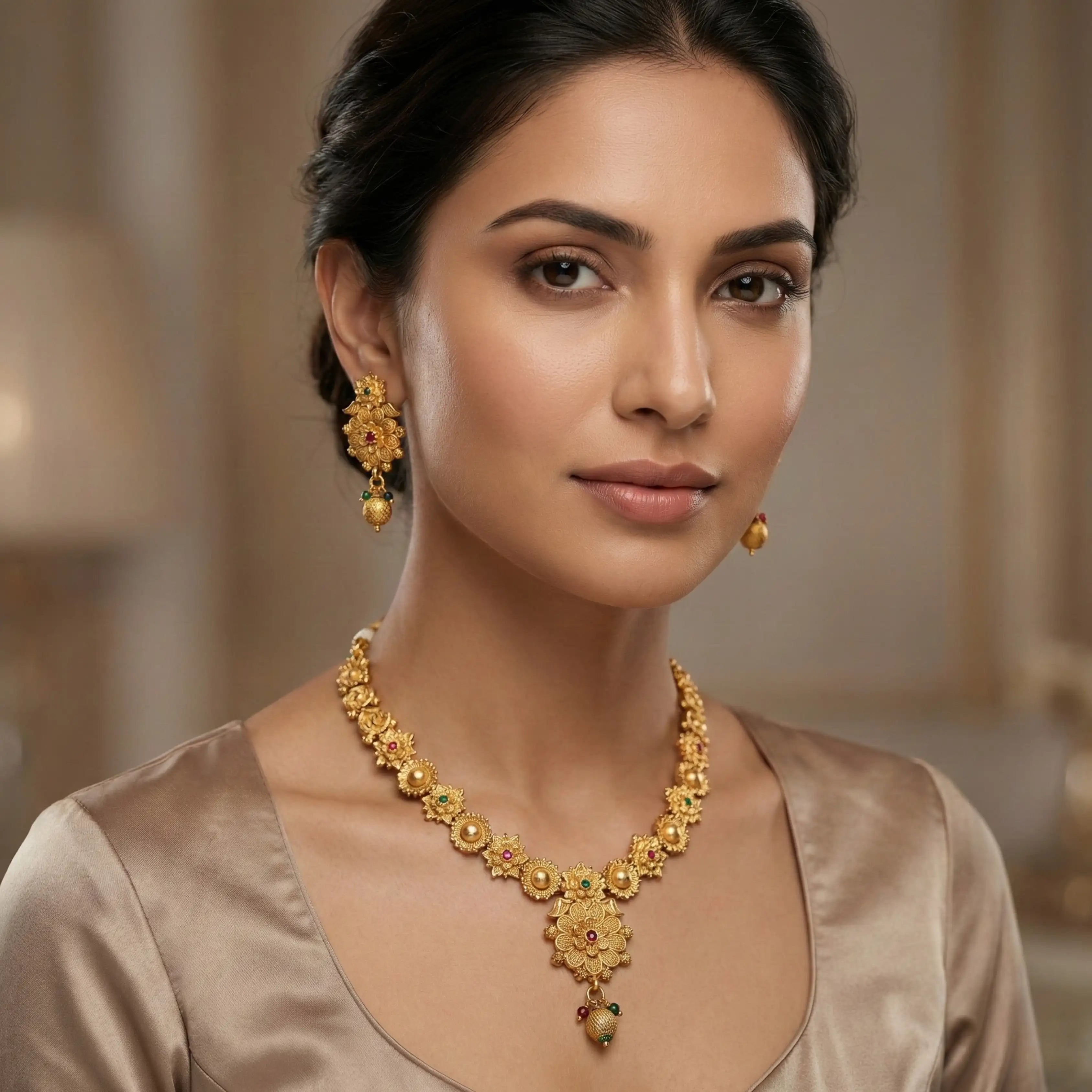 Gold Floral Short Necklace Set with Earrings