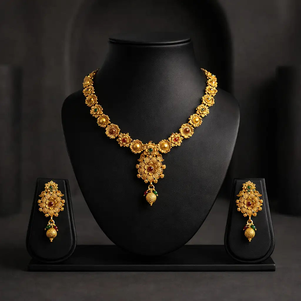 Gold Floral Short Necklace Set with Earrings