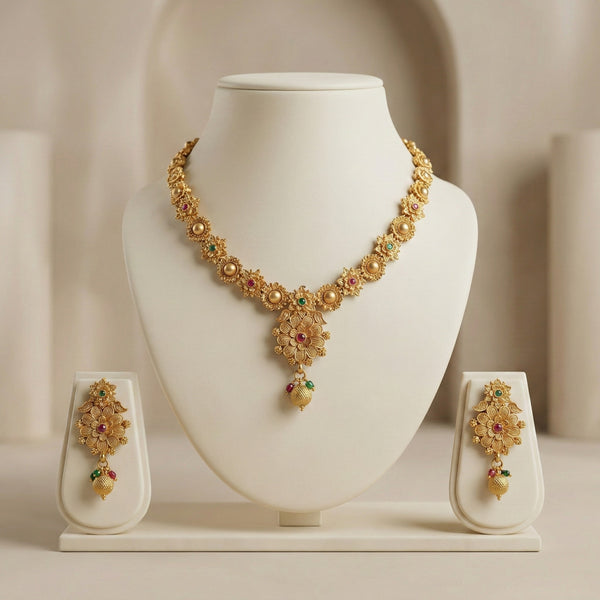 Gold Floral Short Necklace Set with Earrings